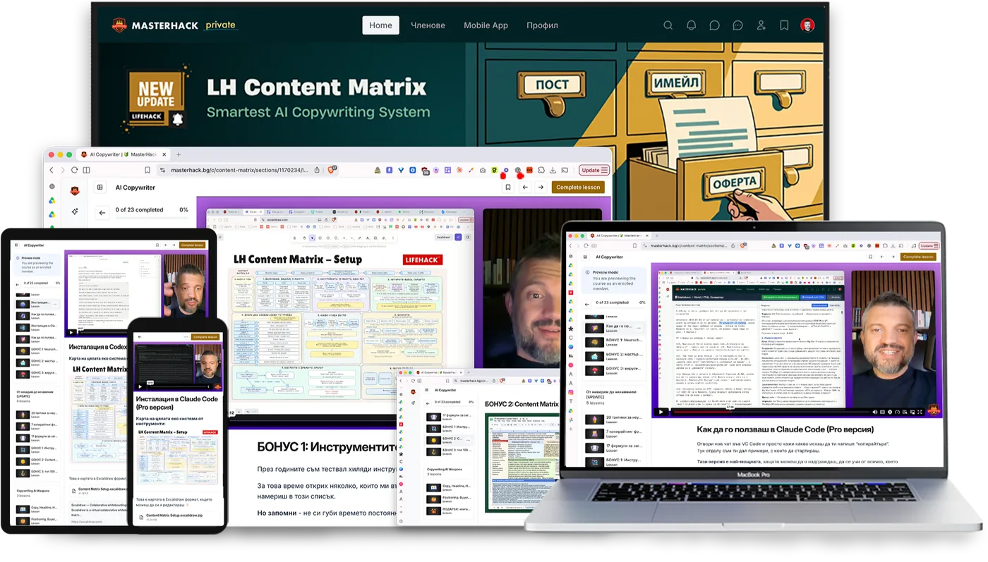 LH Content Matrix в платформата Masterhack: уроци, карта на системата и видеа на десктоп, лаптоп, таблет и телефон